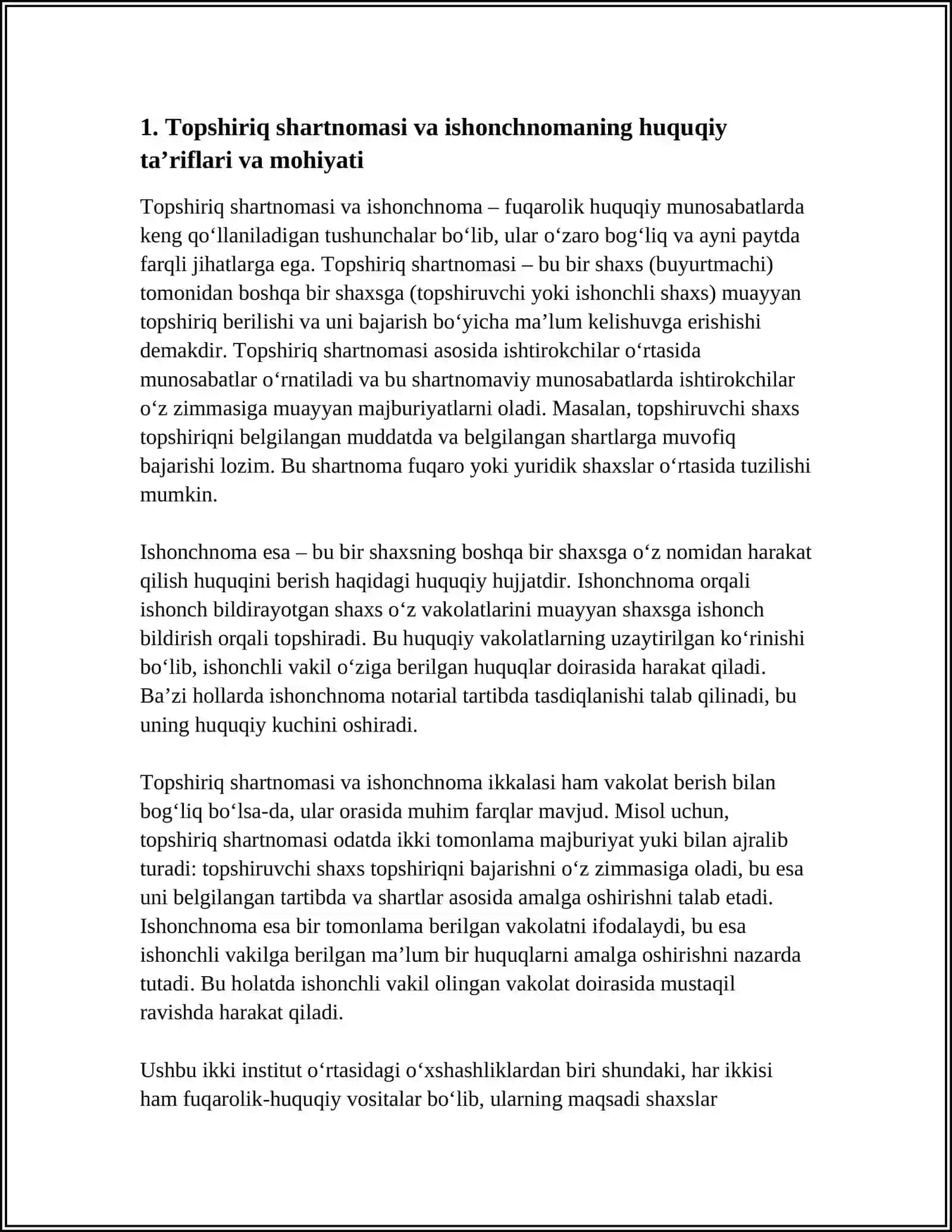 TOPSHIRIQ SHARTNOMASI VA ISHONCHNOMA: OʻZARO BOGʻLIQLIK VA FARQLI JIHATLARI 3