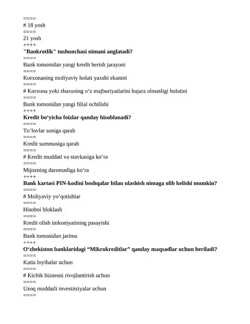Bank ishi fanidan test savollari javoblari bilan 3