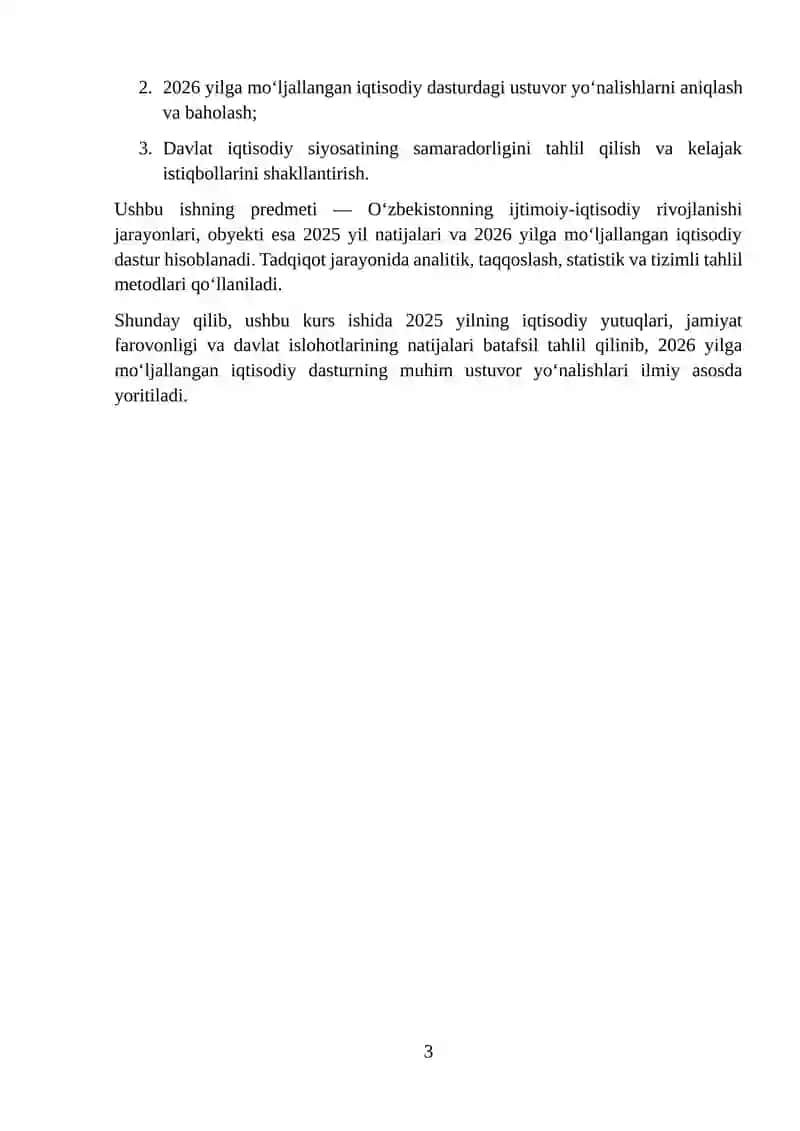 Mavzu II. BOB. 2025 yil natijalari asosida 2026 yilga mo‘ljallangan iqtisodiy dasturining asosiy ustuvor yo‘nalishlari 3