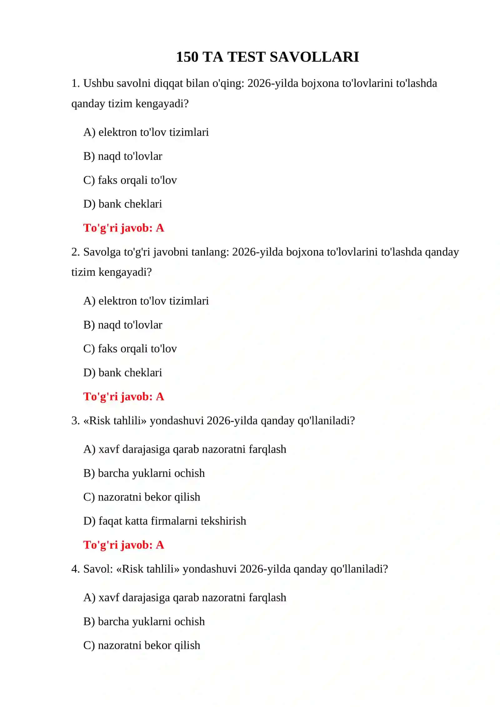 BOJXONA QONUNCHILIGI TESTLARI 2026 3
