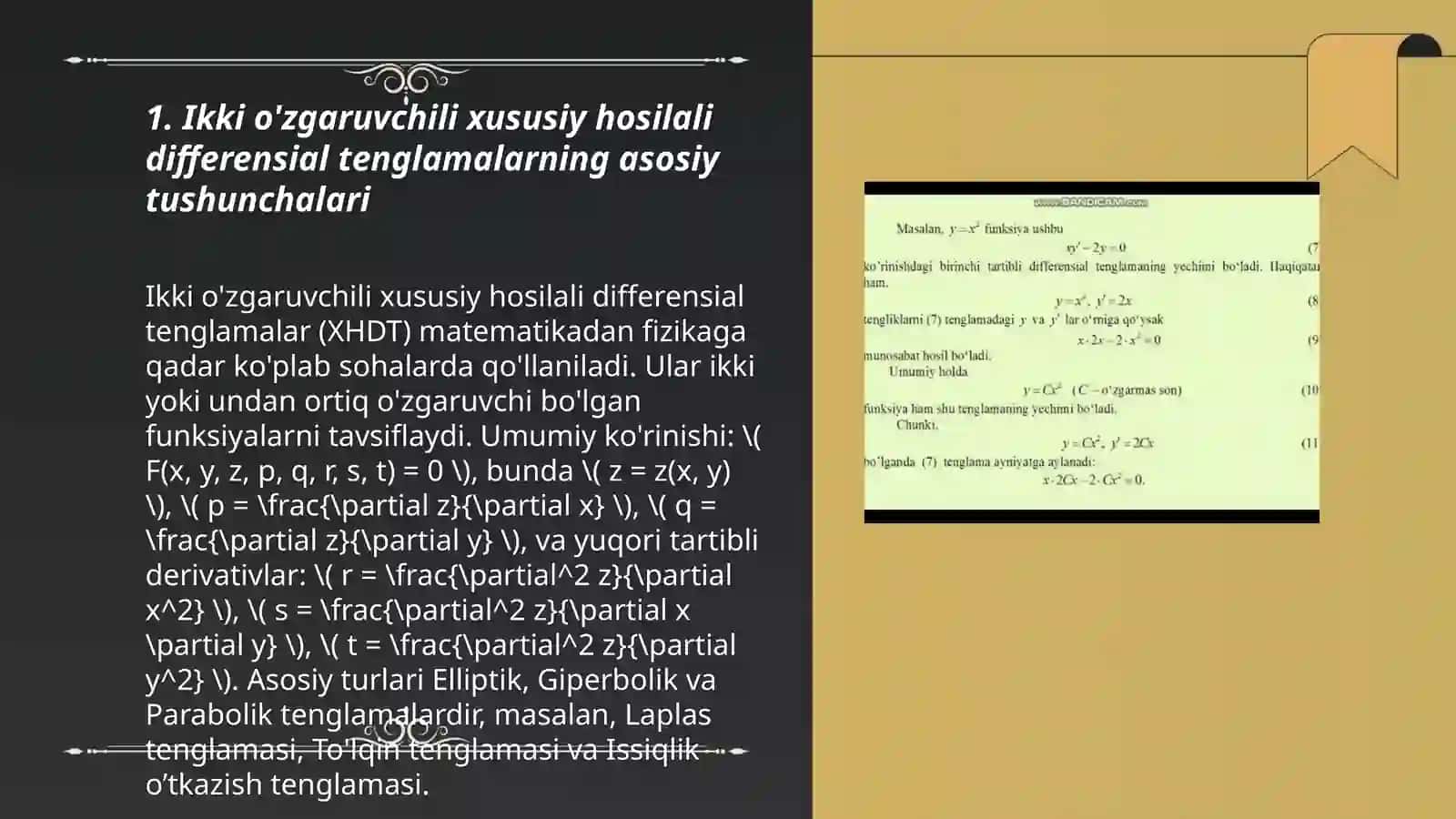 Ikki o'zgaruvchili xususiy hosilali differensial tenglamalarni kanonik ko'rinishga keltirish va umumiy yechimini topish 3