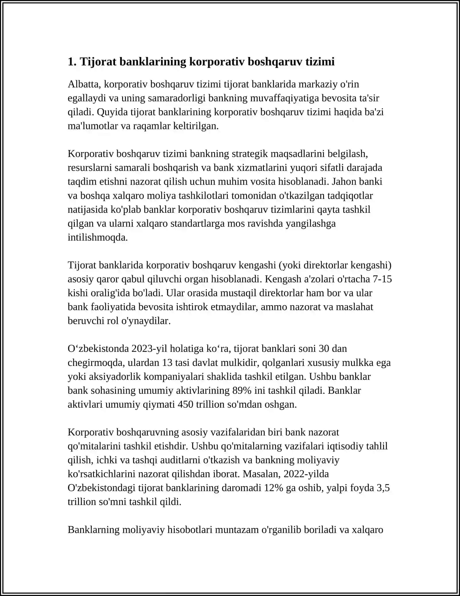 MUSTAQIL ISH Mavzu: TIJORAT BANKLARI FAOLIYATINI KORPORATIV BOSHQARISHNING MAZMUNI 3