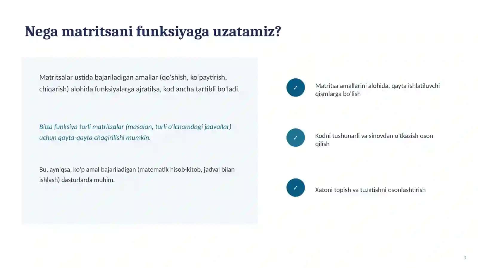 Matritsalarni funksiya parametrlari sifatida qo'llanilishi 3
