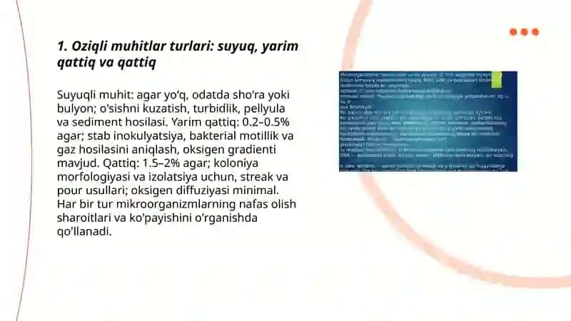 mikroorganizmlar fiziologiyasi: ozigli muhitlar, ularning tasnifi. nafas olishi, o'sishi va ko'payishi. Aerob va anaerob bakteriyalarni sof hosilasi. 3