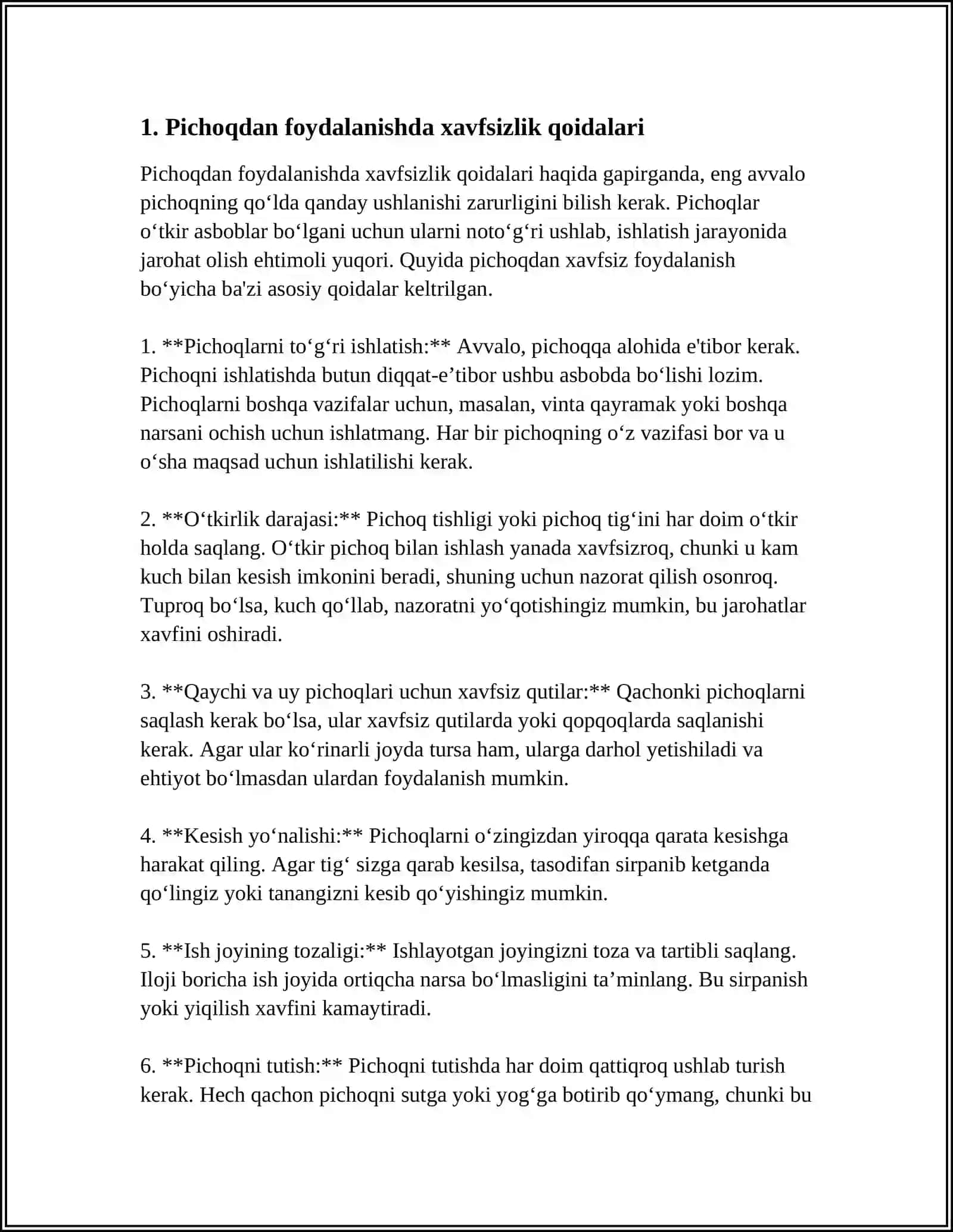 TEXNOLOGIYA DARSLARIDA PICHOQDAN FOYDALANISH QOIDALARI REFERAT 3