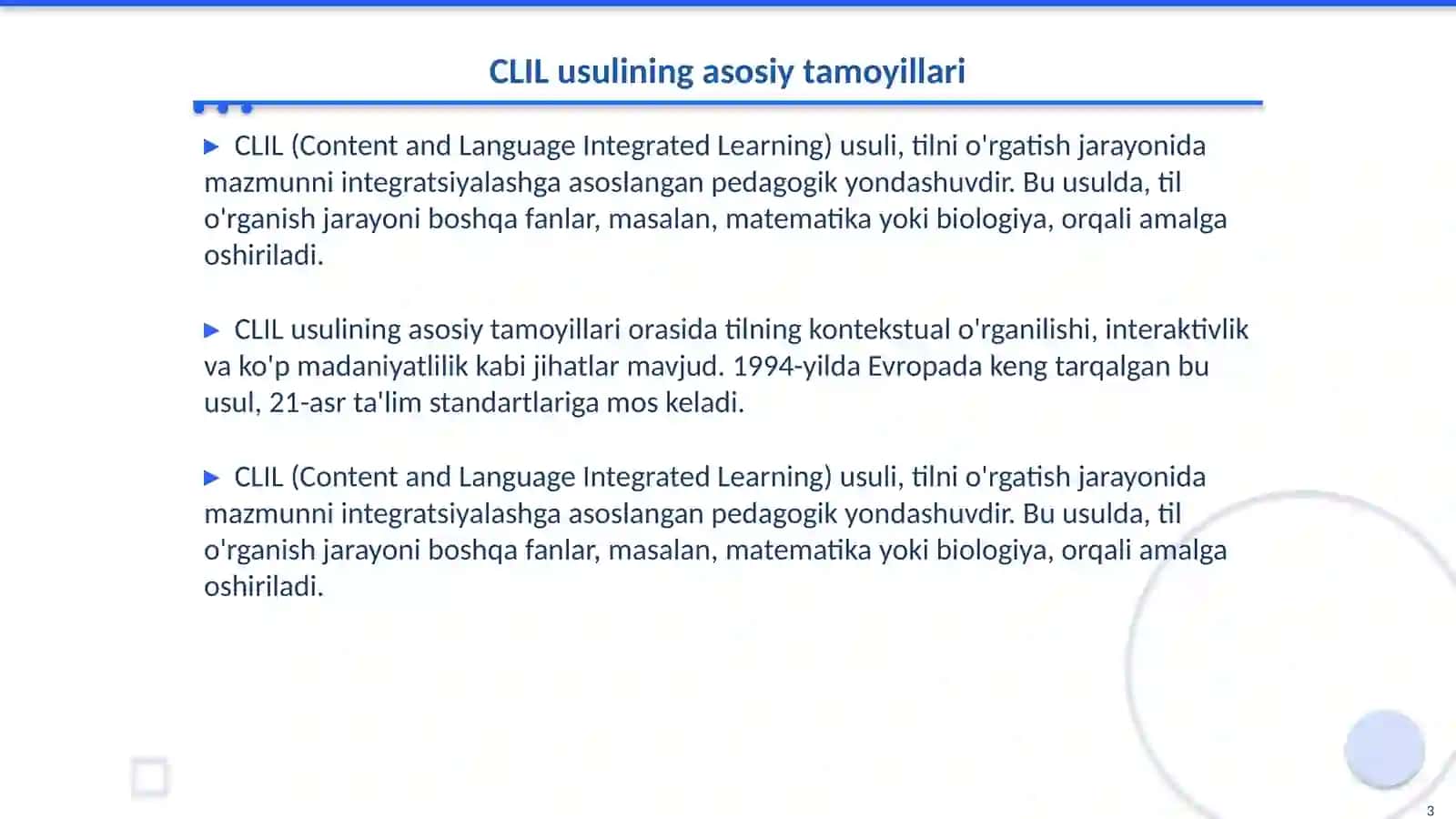 CLIL uslubida O'qitish 3