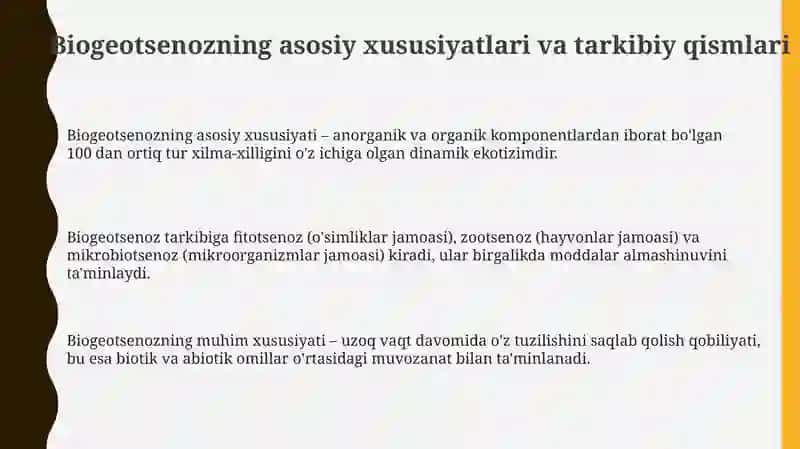 Biogeotsenozning tirik qismi fitotsenoz, zootsenoz va mikrobotsenozdir 3