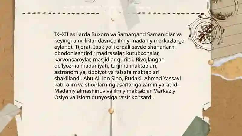 IX-XII asrlarda mamlakatimiz hududida ro‘y bergan madaniy uyg‘onish (Renessans). Buyuk allomalarning jahon sivilizatsiyasiga qo‘shgan hissasi 3