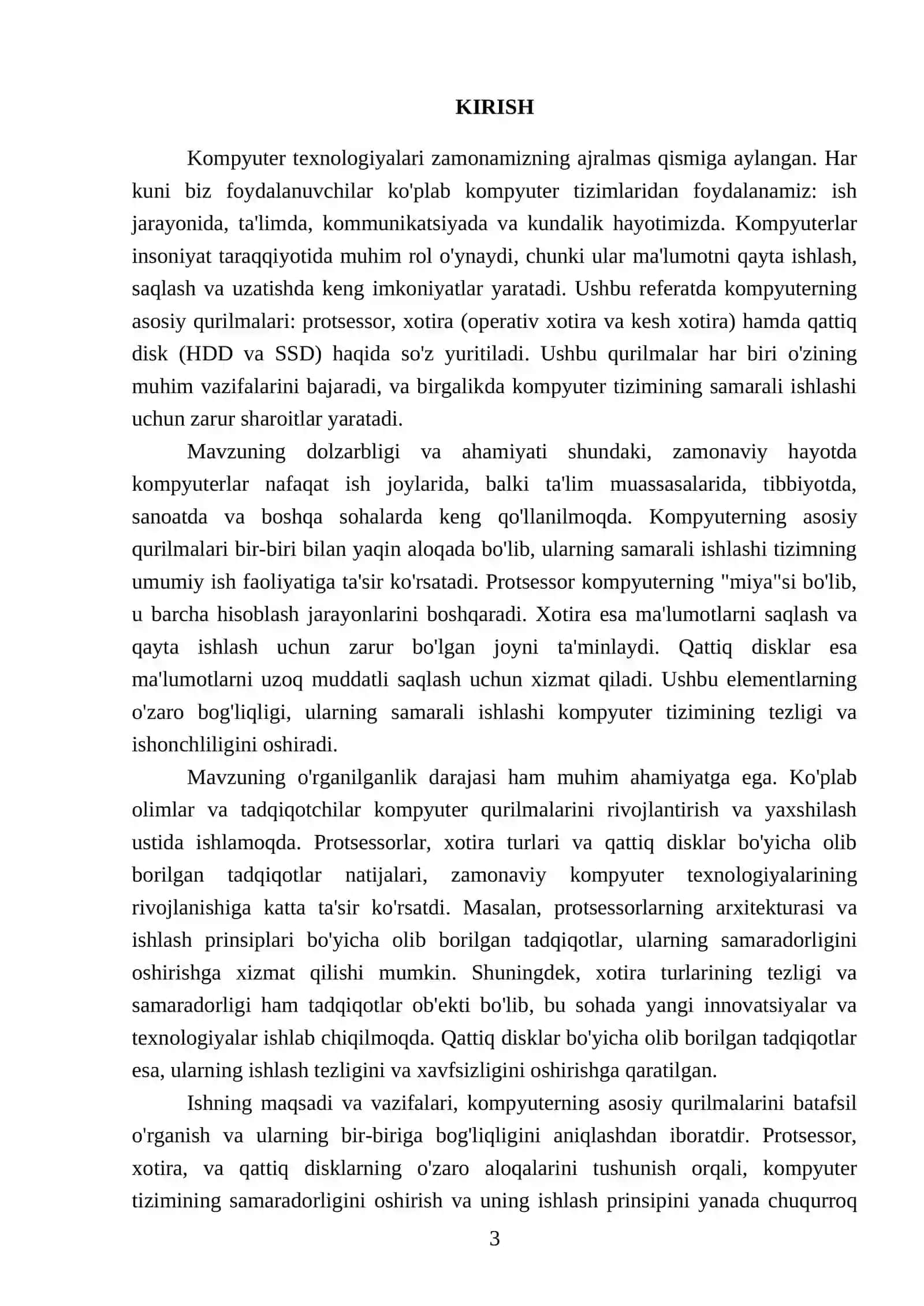 Kompyuterning asosiy qurilmalari: protsessor, xotira (operativ xotira, kesh xotira), qattiq disk (HDD, SSD) 3