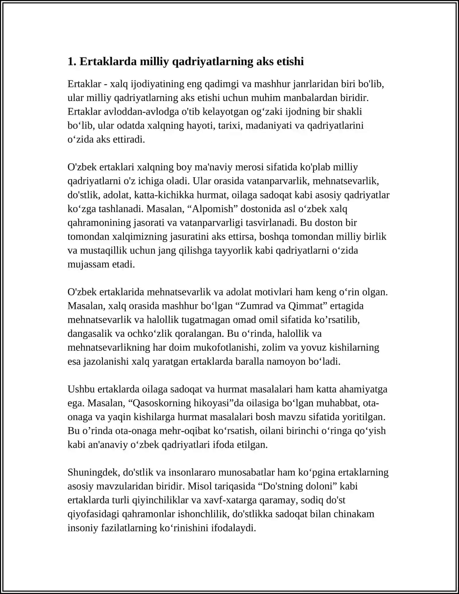 O‘ZBEK XALQ OG‘ZAKIIJODI (ERTAKLAR, MAQOLLAR, MATALLAR TANLOV ASOSIDA) NAMUNALARINI TAHLIL ETIB, ULARDAGI MILLIY TARBIYAAKS ETGAN ESSE TAYYORLASH 3