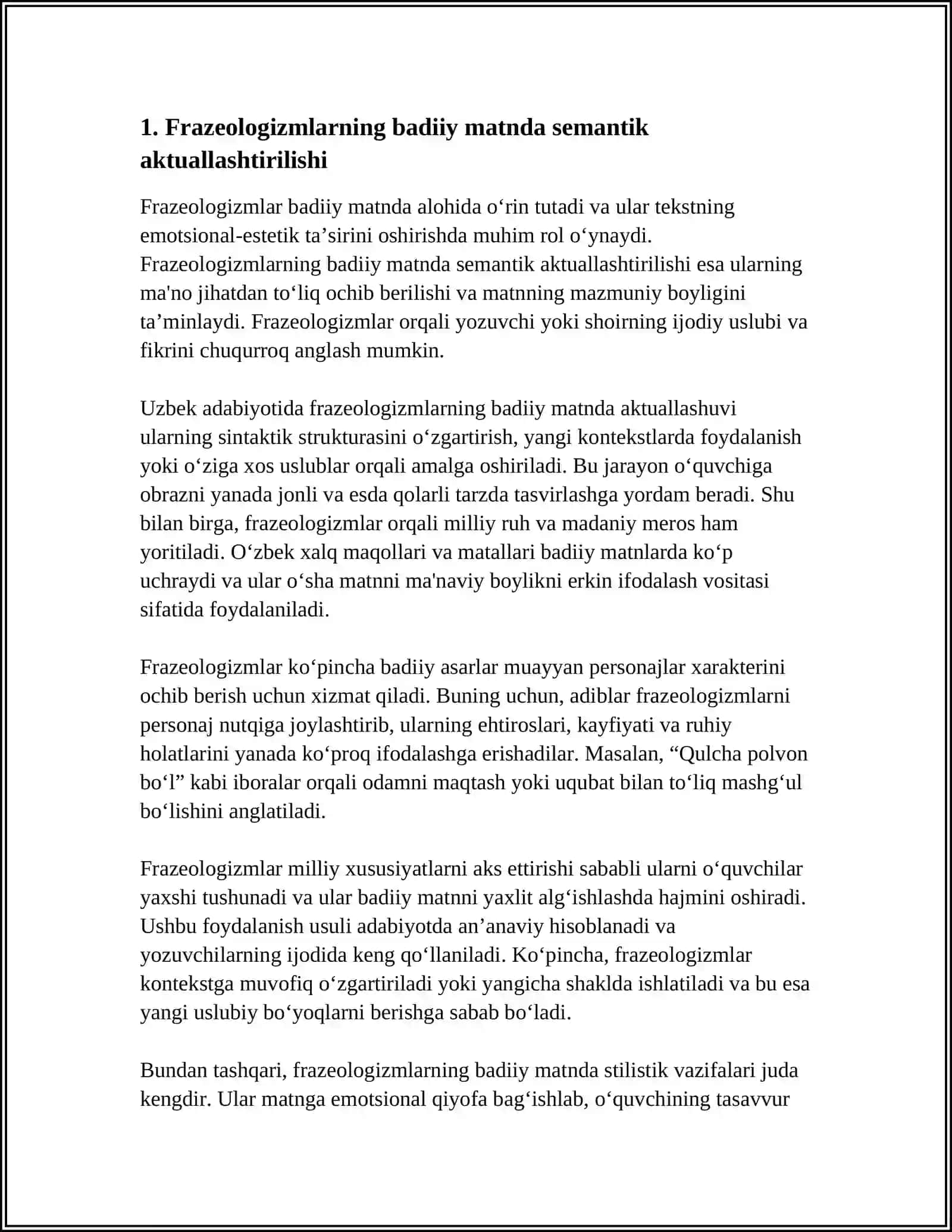 FRAZEOLOGIZMLARNING BADIIY MATNDA AKTUALLASHUVI.XALQ MAQOLLARINING BADIIY MATNDAGI USLUBIY QIRRALARI 3