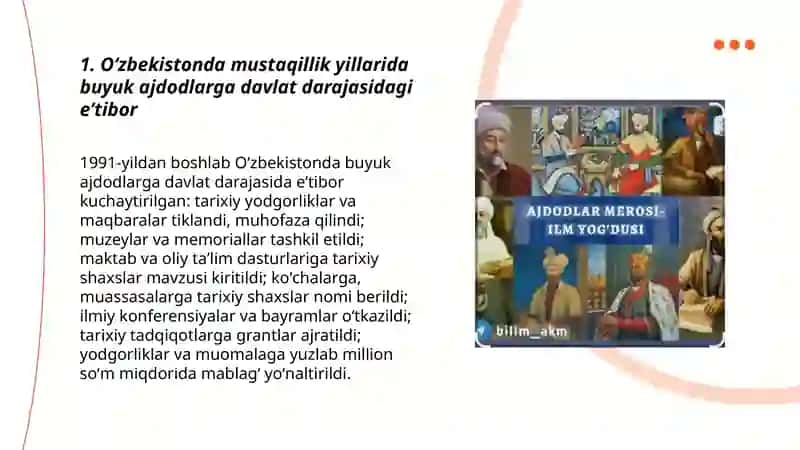 O'zbekistonda mustaqillik yillarida buyuk ajdodlar va tarixiy shahslarga bolgan etibor 3
