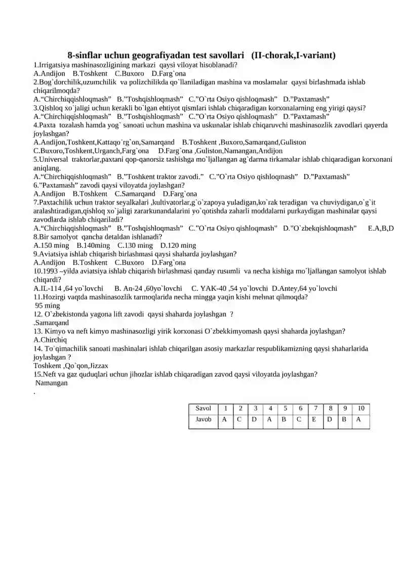 8-sinflar uchun geografiyadan test savollari (I-chorak,I-variant) 3