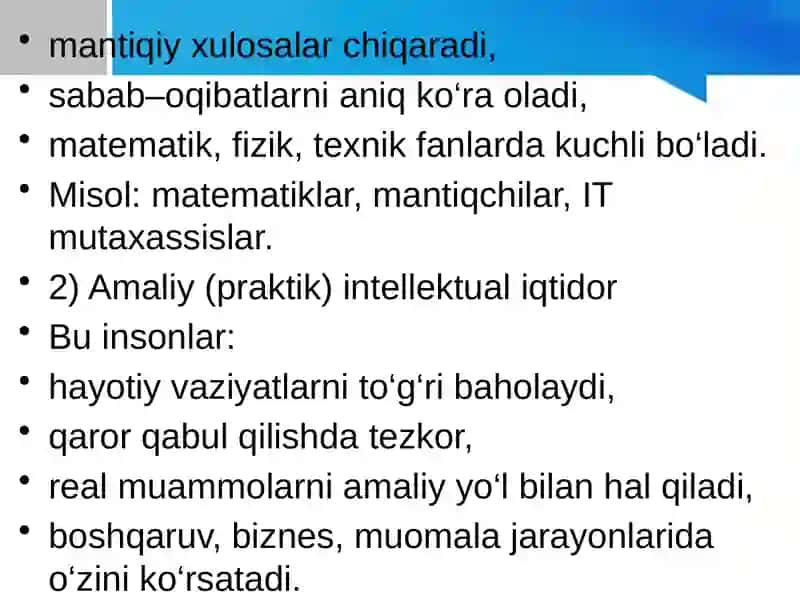Intellektual iqtidor tiplari. Maxsus iqtidorlilik 3