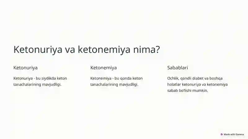 Qandli diabet va ochlikda ketonuriya va ketonemiya. 3