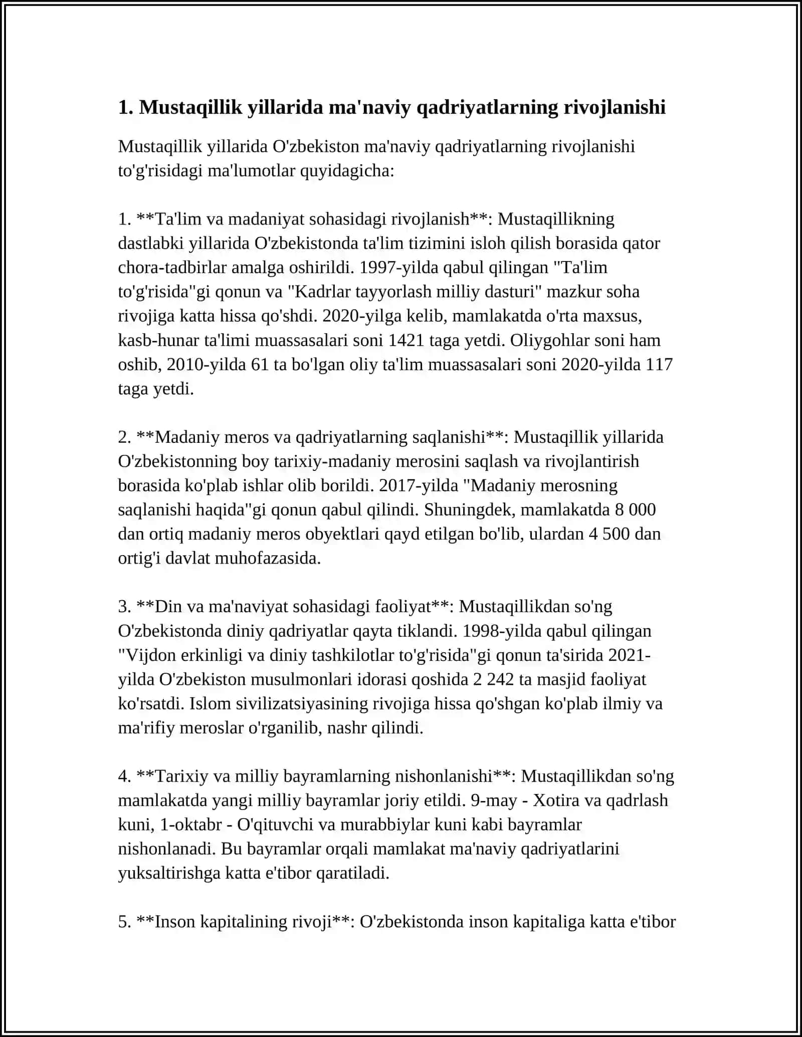 MUSTAQILLIK YILLARIDA MANAVIY VA MARIFIY HAYOT. MILLIY ISTIQLOL GOYASI VA MAFKURAVIY MASALALAR. MILLIY URF-ODATLAR, QADRIYATLAR VA ANANALARNING QAYTA TIKLANISHI. MUSTAQILLIK YILLARIDA BUYUK AJDODLAR VA TARIXIY SHAXSLARGA BOLGAN ETIBOR 3
