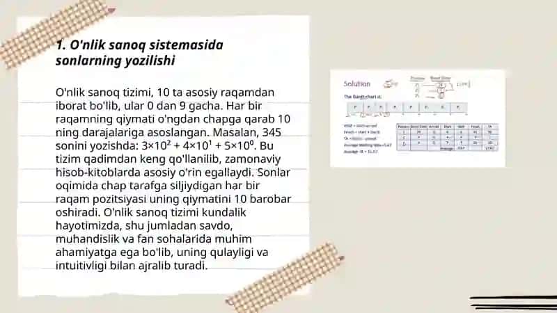 O'ndan ortiq pozitsion sanoq sistemalari: sonlarning yozilishi, arifmetik ammallar, bir sanoq sistemasida yozilgan sonni boshqa sanoq sistemasidagi yozuvga o'tkazish 3