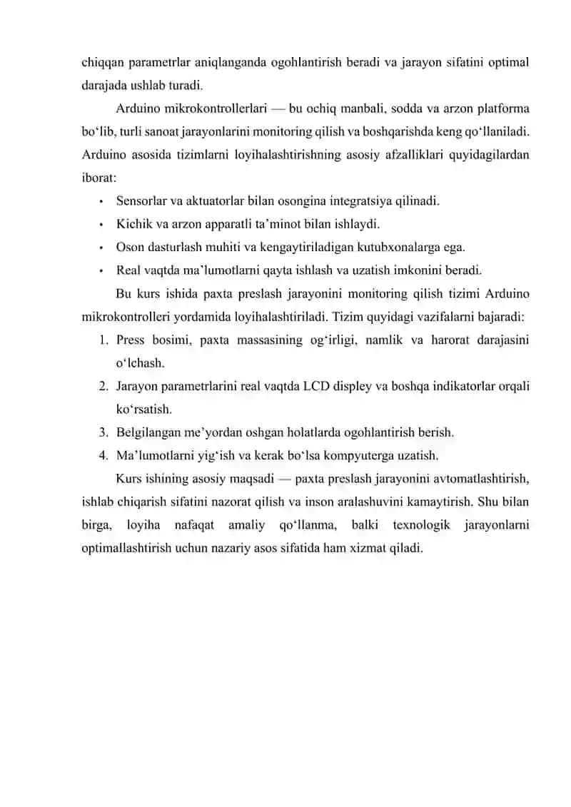 PAXTANI PRESLASH JARAYONINI MONITORING TIZIMINI ARDUINO MIKROKONTROLLAR YORDAMIDA LOYIHALASHTIRISH VA DASTURINI YARATISH 3