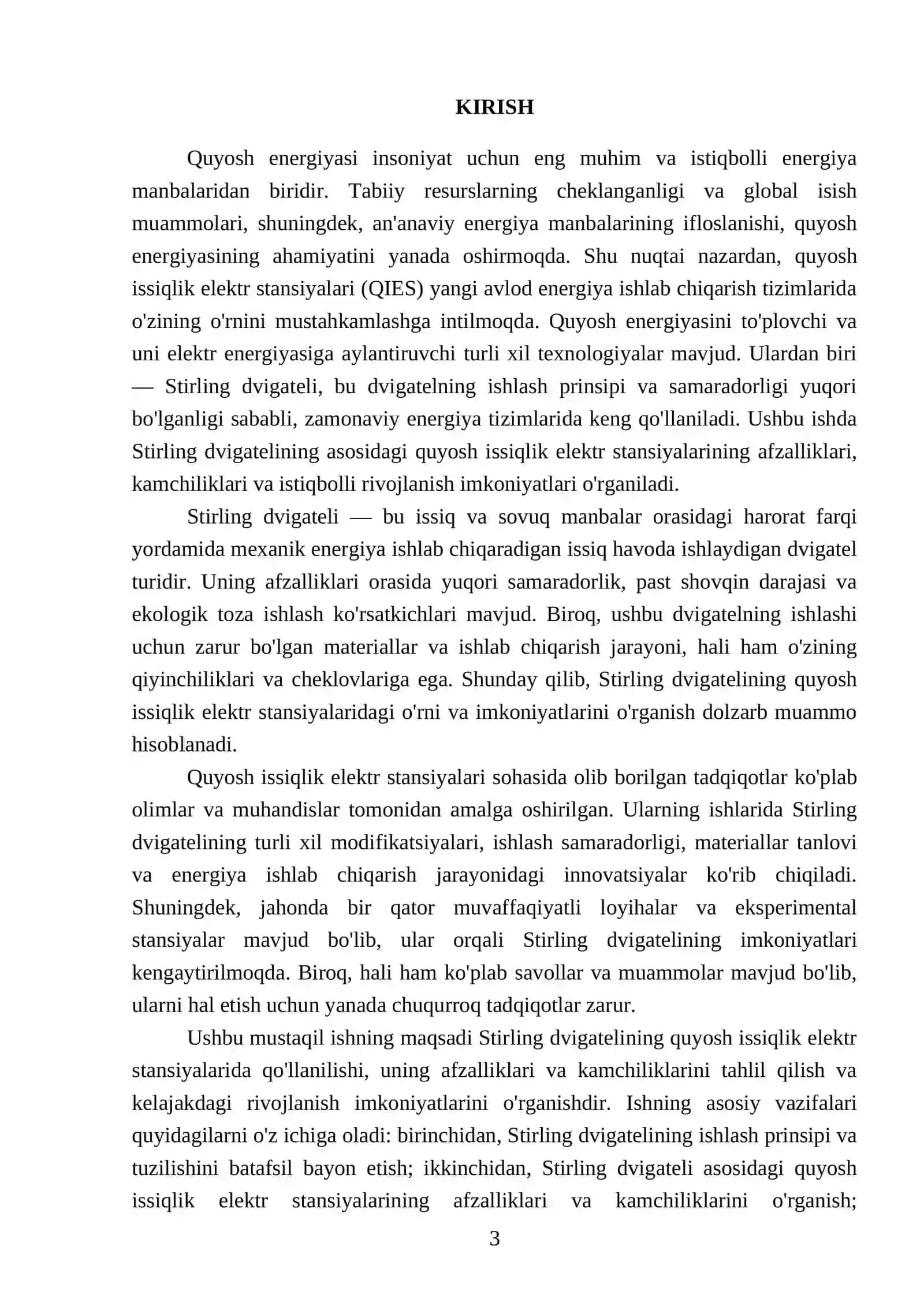 Stirling" dvigateli asosidagi quyosh issiqlik elektr stansiyasi QIES 3