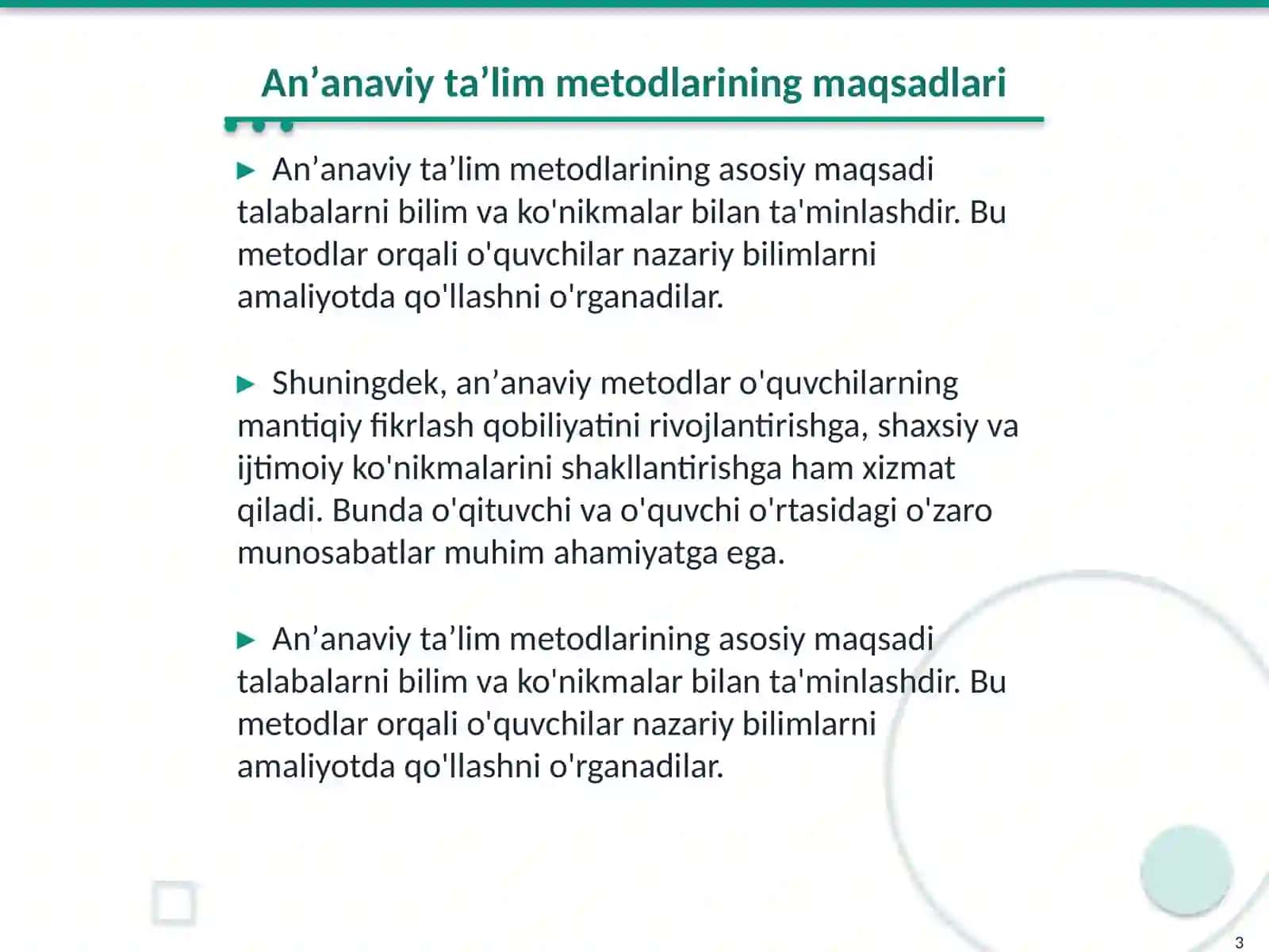 Anʼanaviy taʼlim metodlari klassifikatsiyasi va tanlash asoslari 3