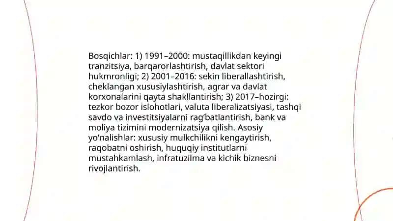 Iqtisodiyiy islohotlar, xususiy mulkchilikning shakllanishi. Oʻzbekistonda bozor iqtisodiyotlarining rivojlanishi. 3