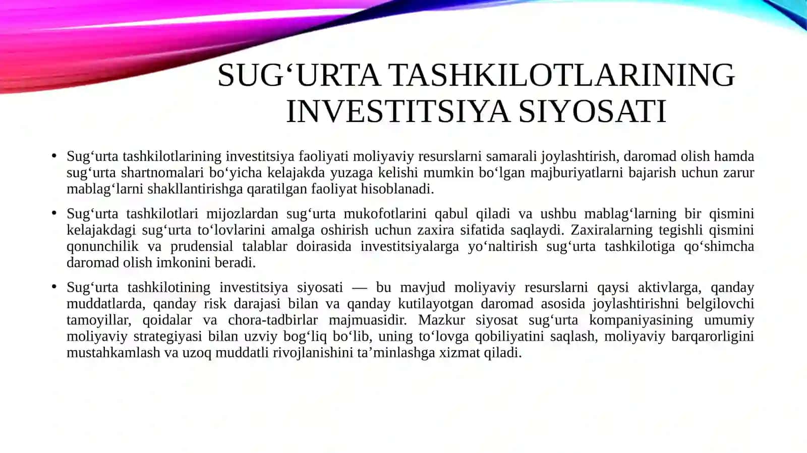 Sug'urta tashkilotlarining investitsiya faoliyati. Sug'urta tashkilotlariining investitsiya siyosati. Sug'urtalovchilarning investitsiya faoliyatiga oid talablar. Investitsiya faoliyati bo'yicha mas'ul shaxsga qo'yilgan talablar. 3