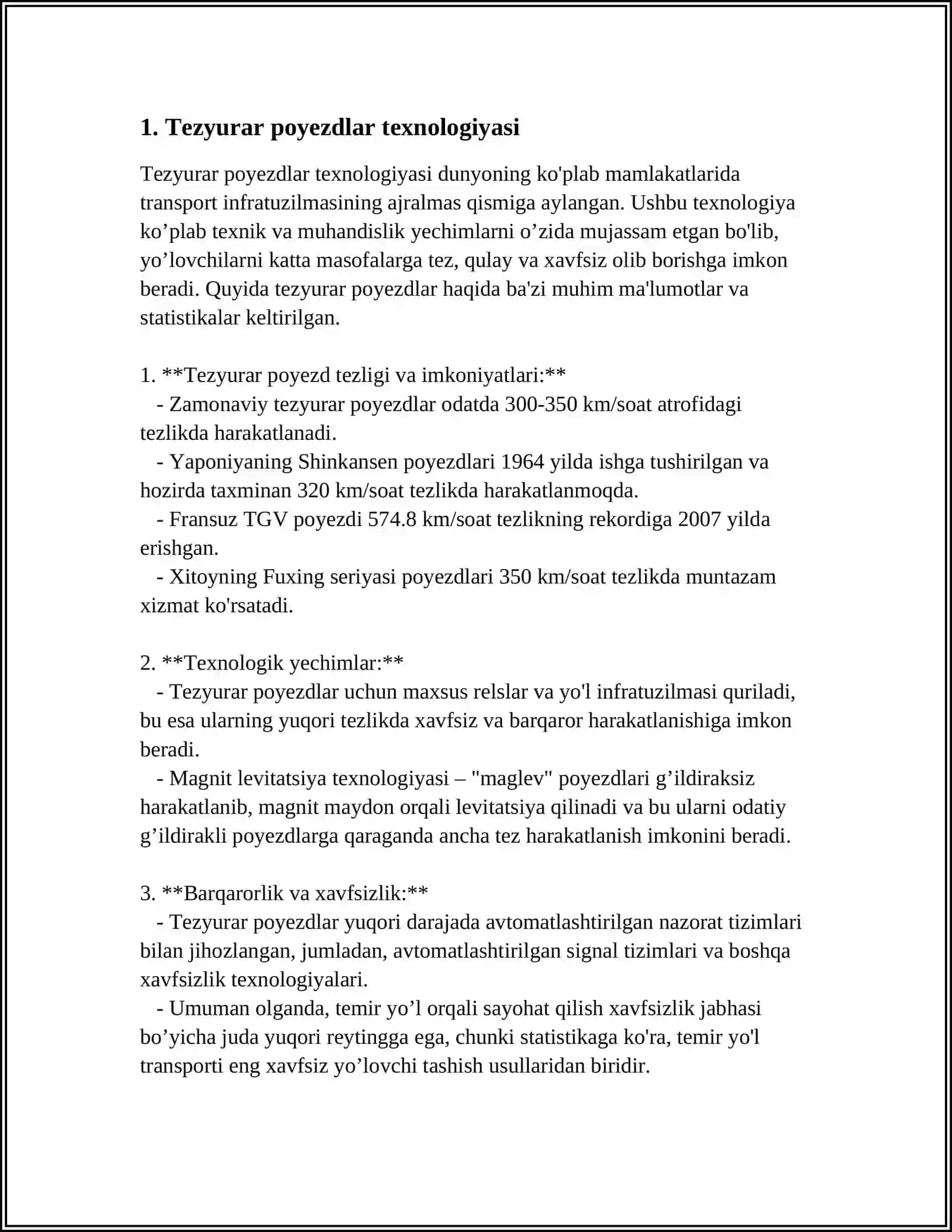 TEZYURAR, YUQORI TEZLIKLI TEMIR YO'LLAR UCHUN HARAKAT VOSITALARI. YUQORI TEZLIKLI TEMIR YO'LLARINI TRASSALASH. YUQORI TEZLIKLI TEMIR YO'LLAR TARXIVA BO'YLAMA QIRQIMI 3