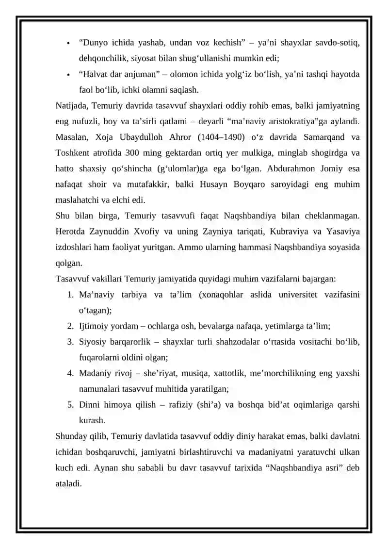 Temuriyar davlatida tasavvuf vakillari faoliyati 3