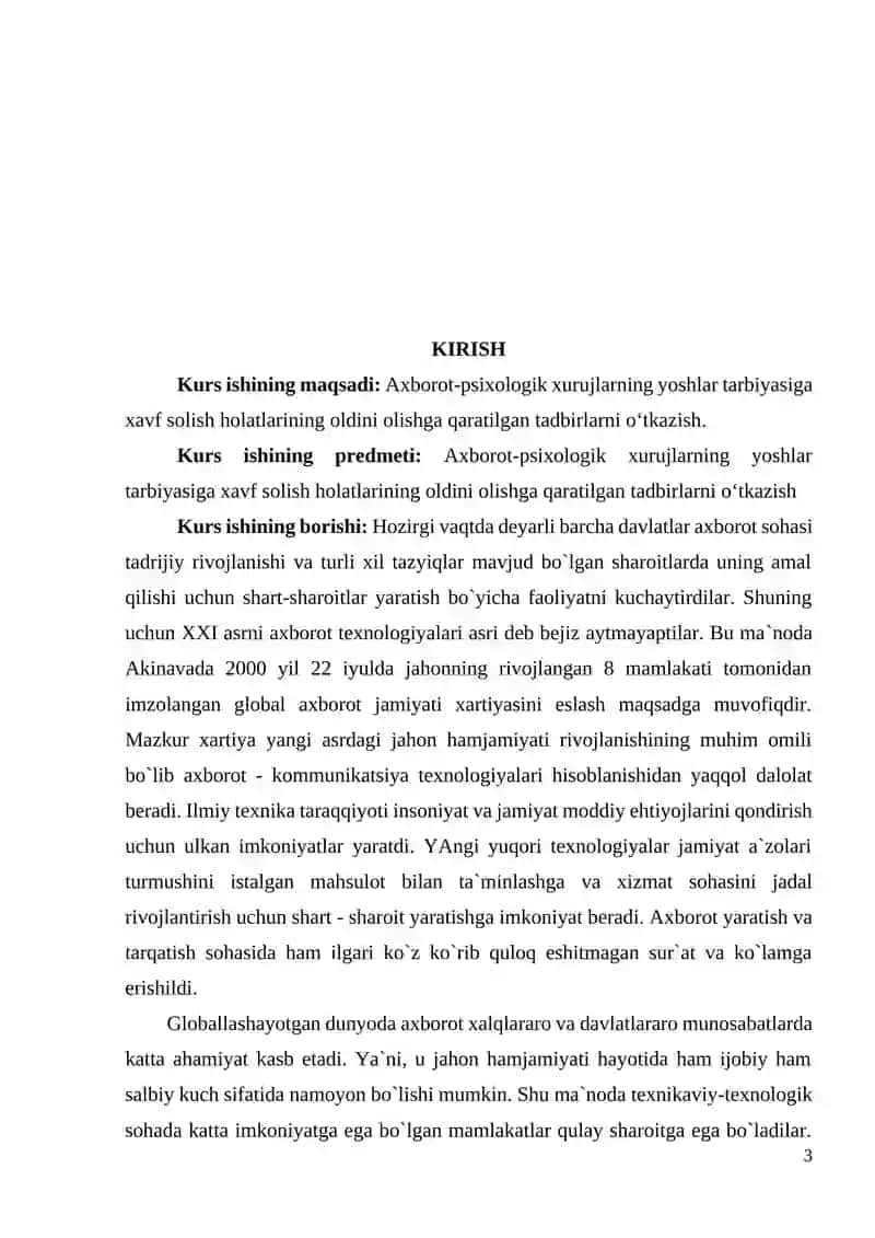AXBOROT-PSIXOLOGIK XURUJLARNING YOSHLAR TARBIYASIGA XAVF SOLISH HOLATLARINING OLDINI OLISHGA QARATILGAN TADBIRLARNI O‘TKAZISH 3