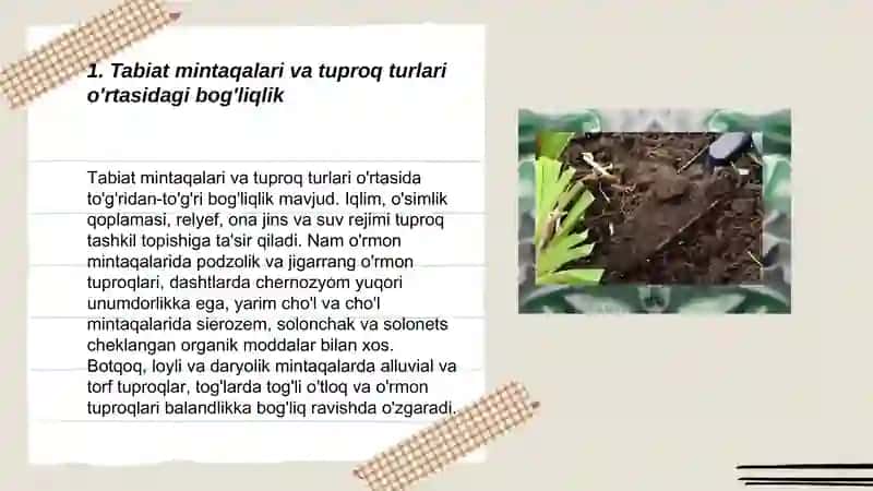 Tabiat mintaqalari.Tuproq.Tuproqning tuzulishi,unumdorligi va ahamiyati 3