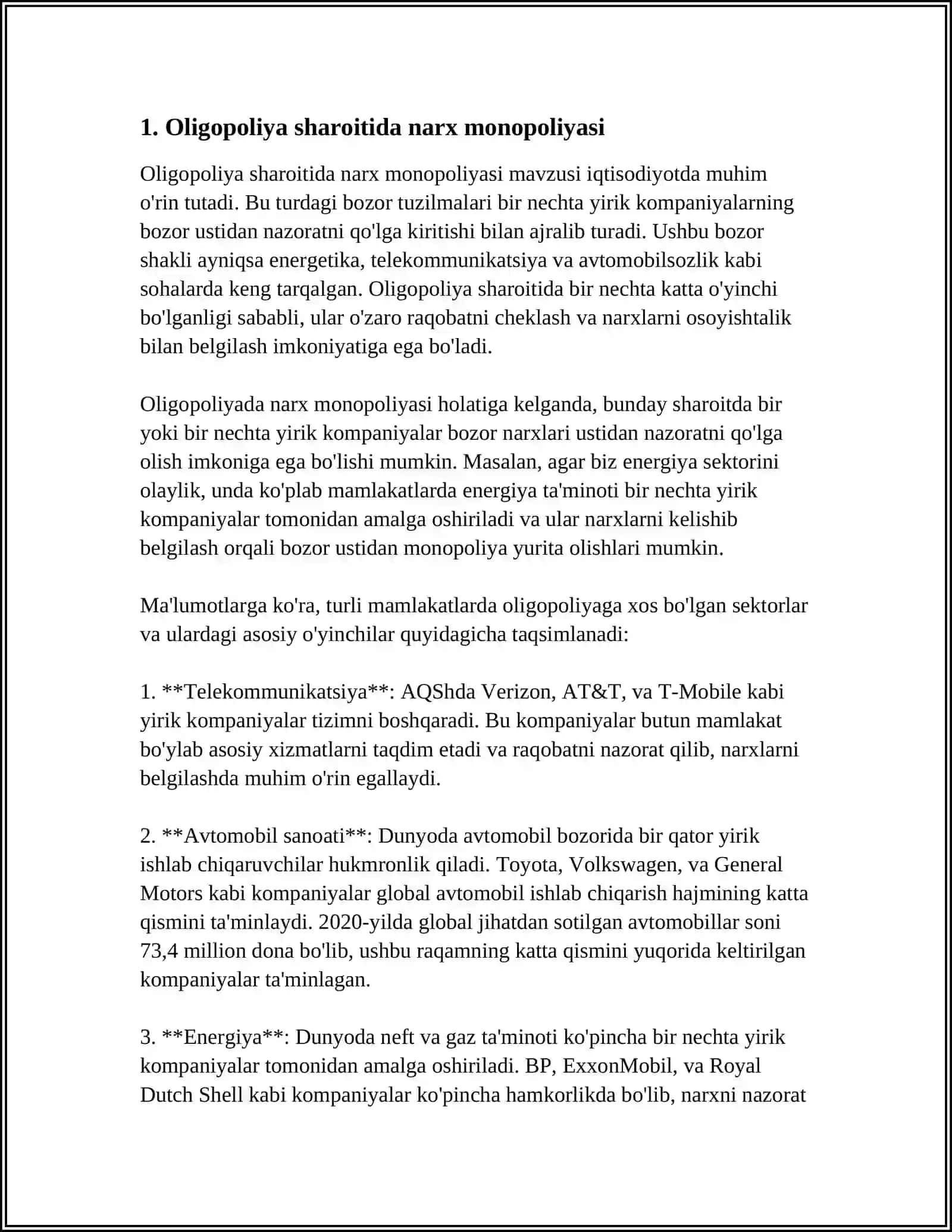 UMUMIY TALAB BO'YICHA NARXNING O'ZGARISHI. OLIGOPOLIPA SHAROITIDA NARXNING SHAKLLANISHI 3