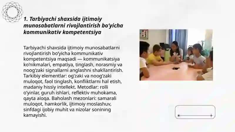 Tarbiyachi shaxsida ijtimoiy munosabatlarni rivojlantirishga oid kasbiy kompetentlikni rivojlanishi 3