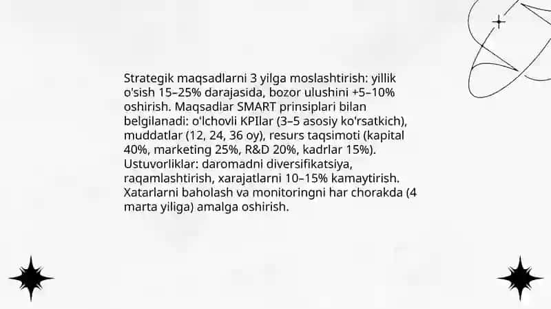 O'rta biznes uchun 3-yillik rivojlanish strategiyasini tayyorlash va amaliy yechimlarni ishlab chiqish 3