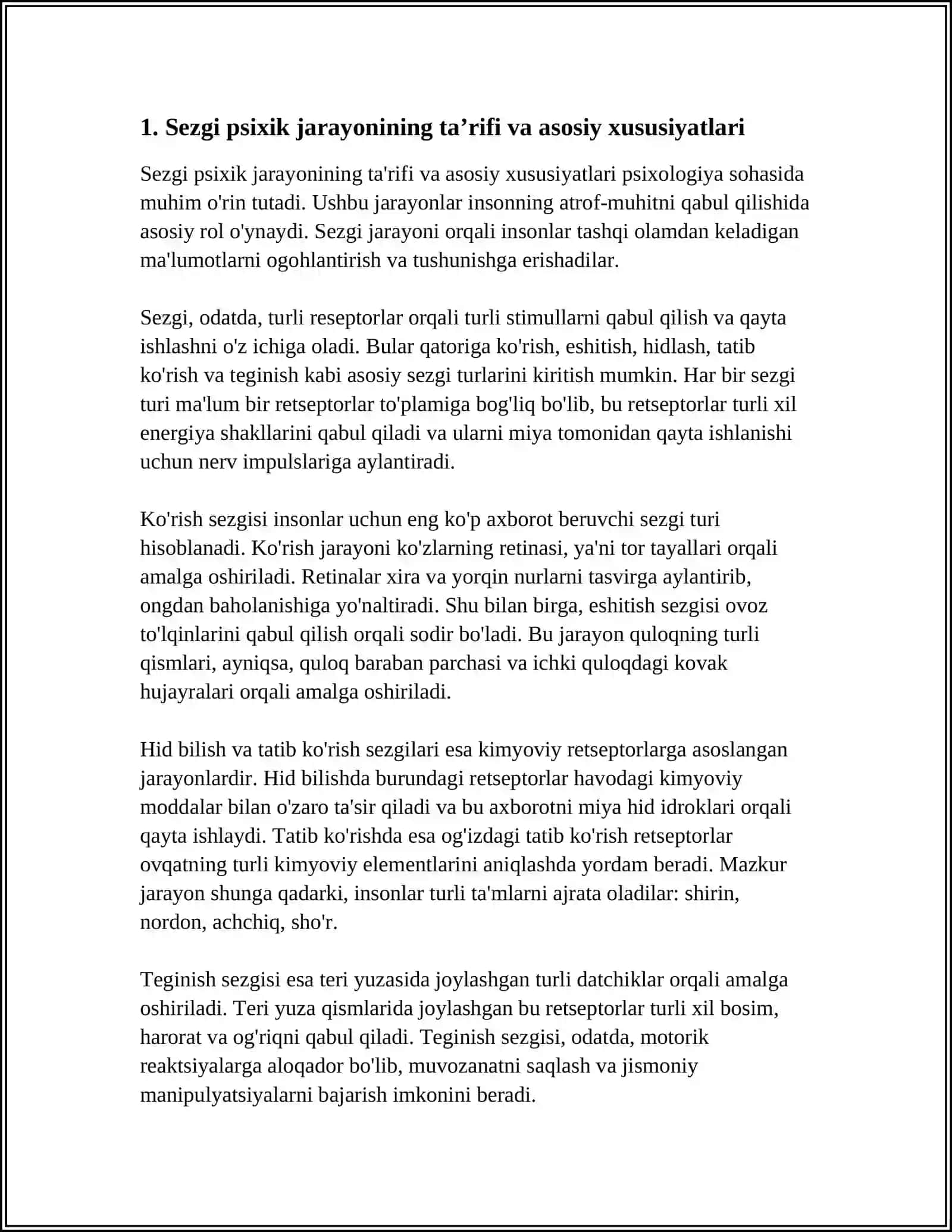 SEZGI PSIXIK JARAYON SIFATIDA. SEZGI QONUNIYATLARI BO'YICHA MULOHAZALAR 3