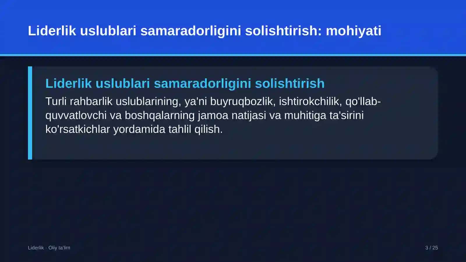 o'rmon xo'jaliklarida liderlik uslublarining samaradorligini solishtirish 2025 3
