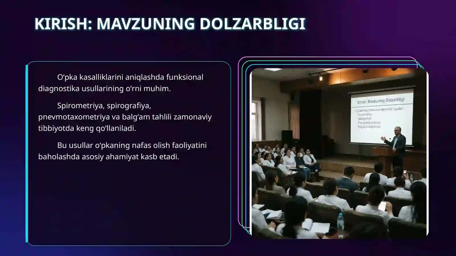 O'pkaning funksional tekshirish usullari : spirometriya, spirografiya, pnevmotaxometriya.Balg'amni tekshirish. 3