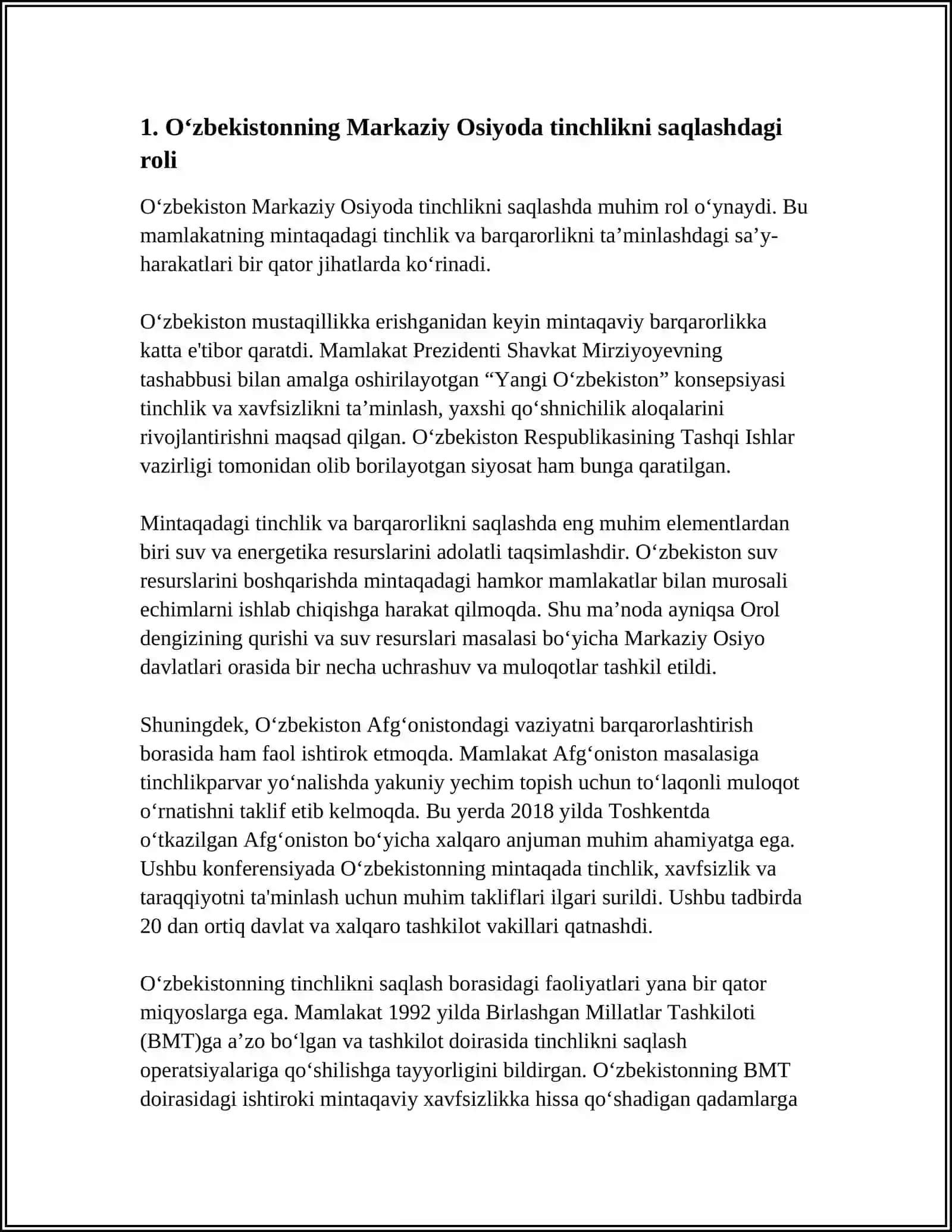 O‘zbekistonning Markaziy Osiyoda Tinchlik va Barqarorlik Taminishdagi O‘rni 3