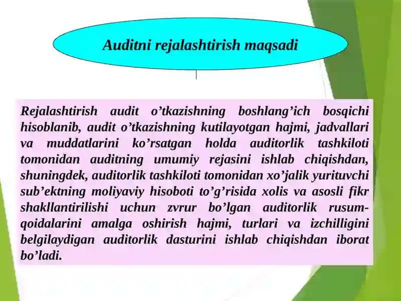 “AUDITORLIK TEKSHIRISHNI REJALASHTIRISH” MAVZUSI BO’YICHA TAQDIMOT 3