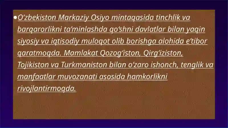 O`zbekistonning  Markaziy Osiyo tinchlik va barqarorlikni ta’minlashdagi o`rni. 3