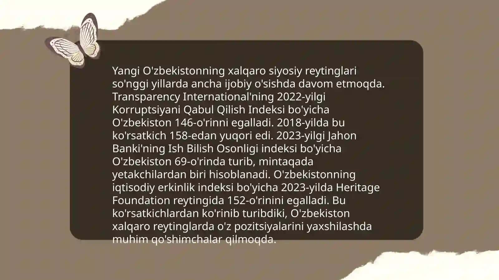 Yangi O'zbekiston ijtimoiy-siyosiy,iqtisodiy va madaniy hayotida ro'y o'zgarishlarning xalqaro reyting va indekslarda aks etishi 3