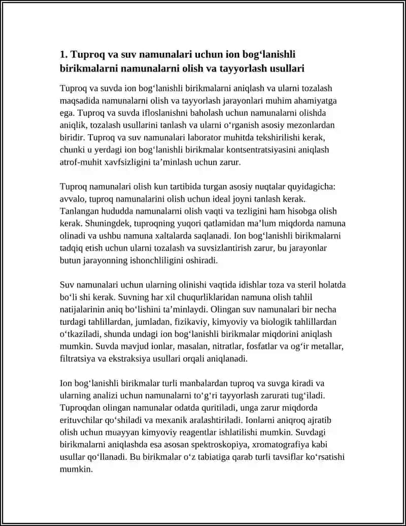Tuproq va suvning Ifloslanishida Ion Bog'lanishli Birikmalarni Aniqlash va Ularni Tozalash G'oyasini Ishlab Chiqish 3