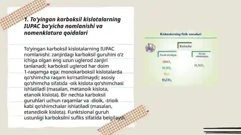 Toʻyinmagan va toʻyingan karbon kislotasi nomlanishi tuzilishi kimyoviy biologik xossalari va qoʻllanishi 3