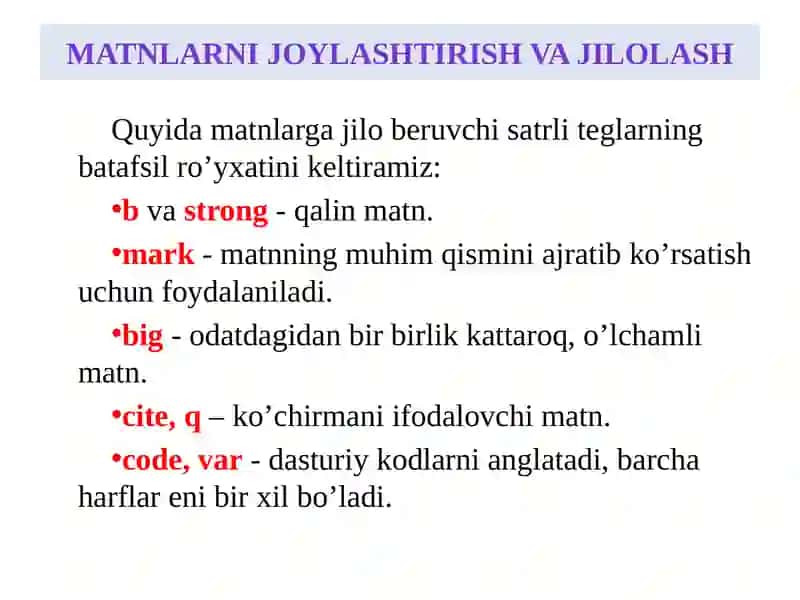 Taqdimot. HTML teglari yordamida web sahifaga dizayn berish 3