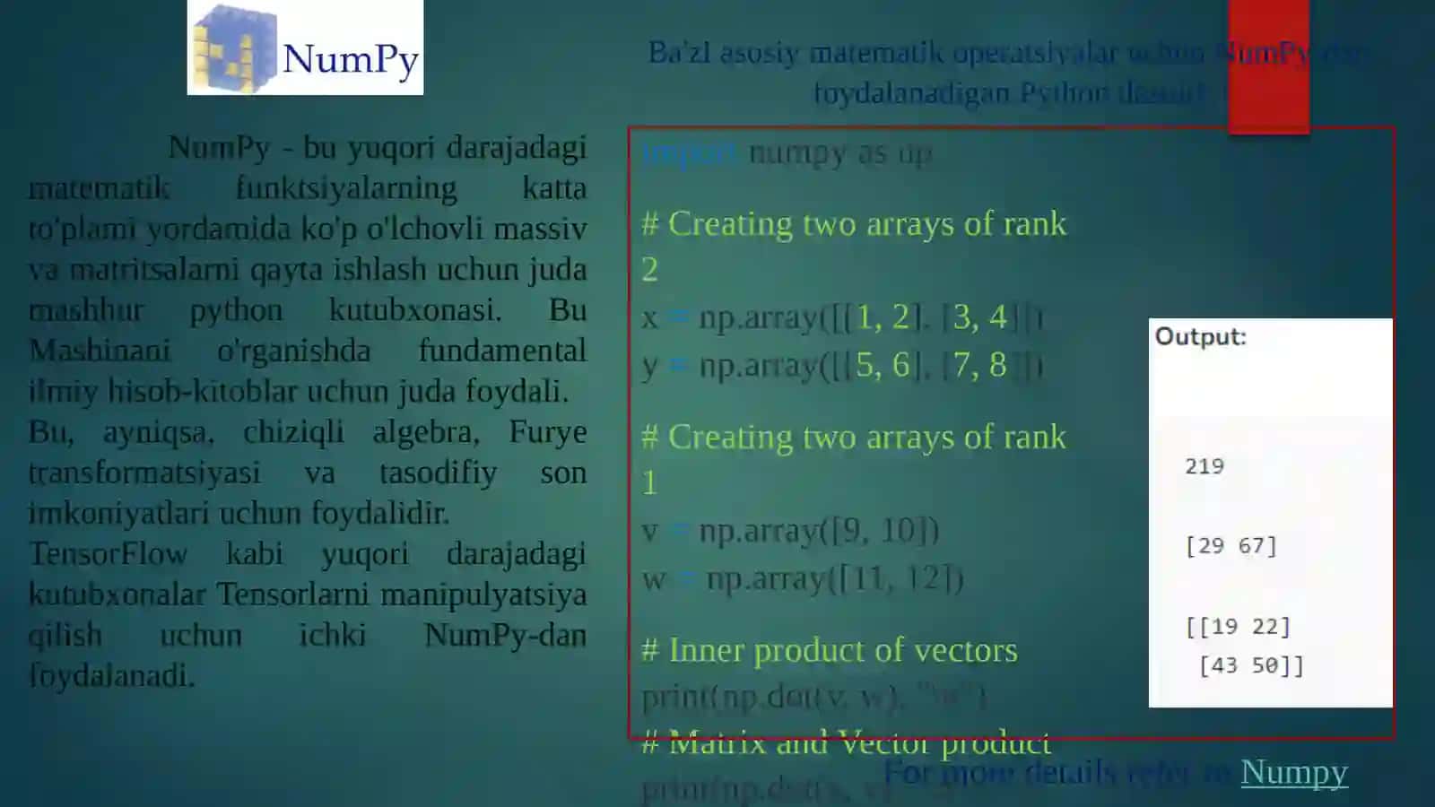 Sun’iy intellektga kirish. Python daturi kutubxonalari bilan tanishish. Python kutubxonalarini sun’iy intellekt sohalarida tadbiq qilish. 3