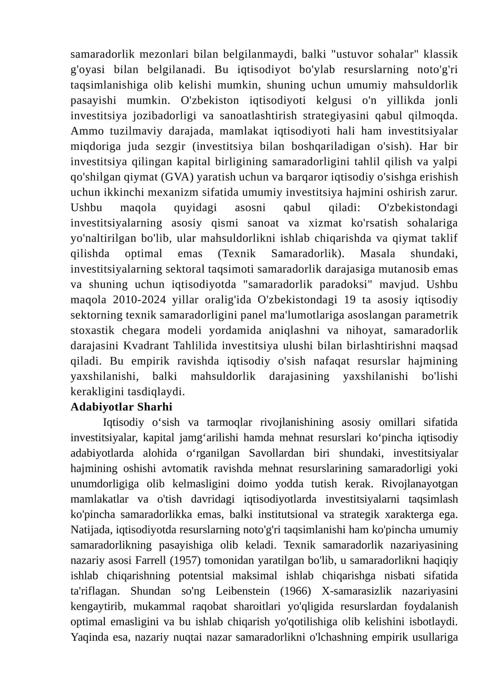O‘zbekiston iqtisodiyoti bo‘yicha tayyor ekonometrik tadqiqot: Stata, SFA va Kvadrant tahlili (2010–2024) 3