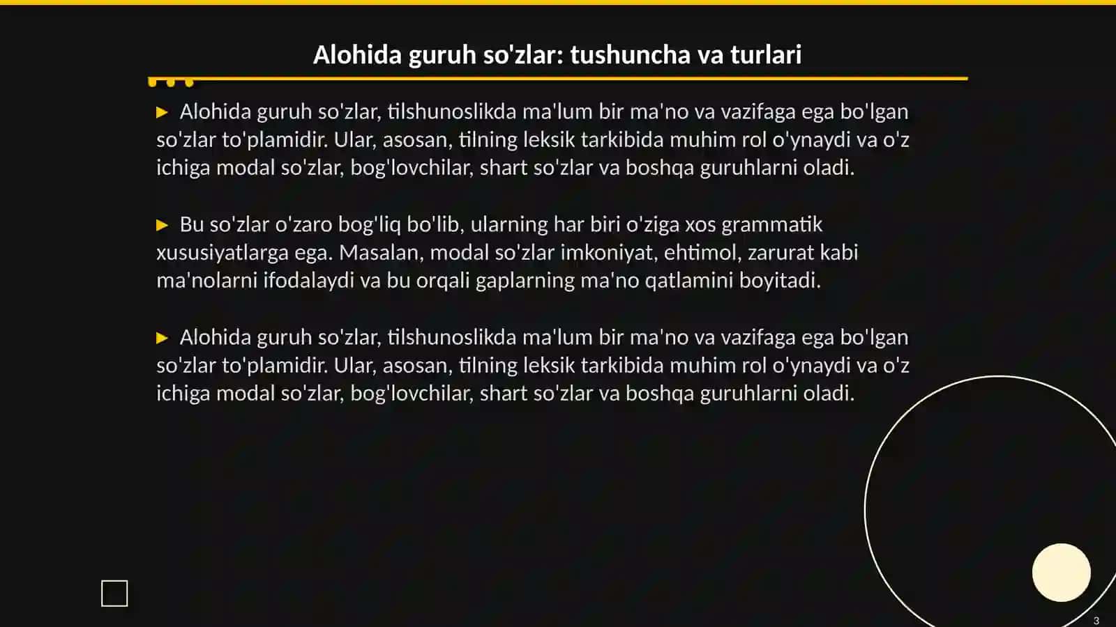 Alohida guruh so'zlar. Modal so'zlar,ularning ma'no va grammatik xususiyatlari, sintaktik vazifalari 3