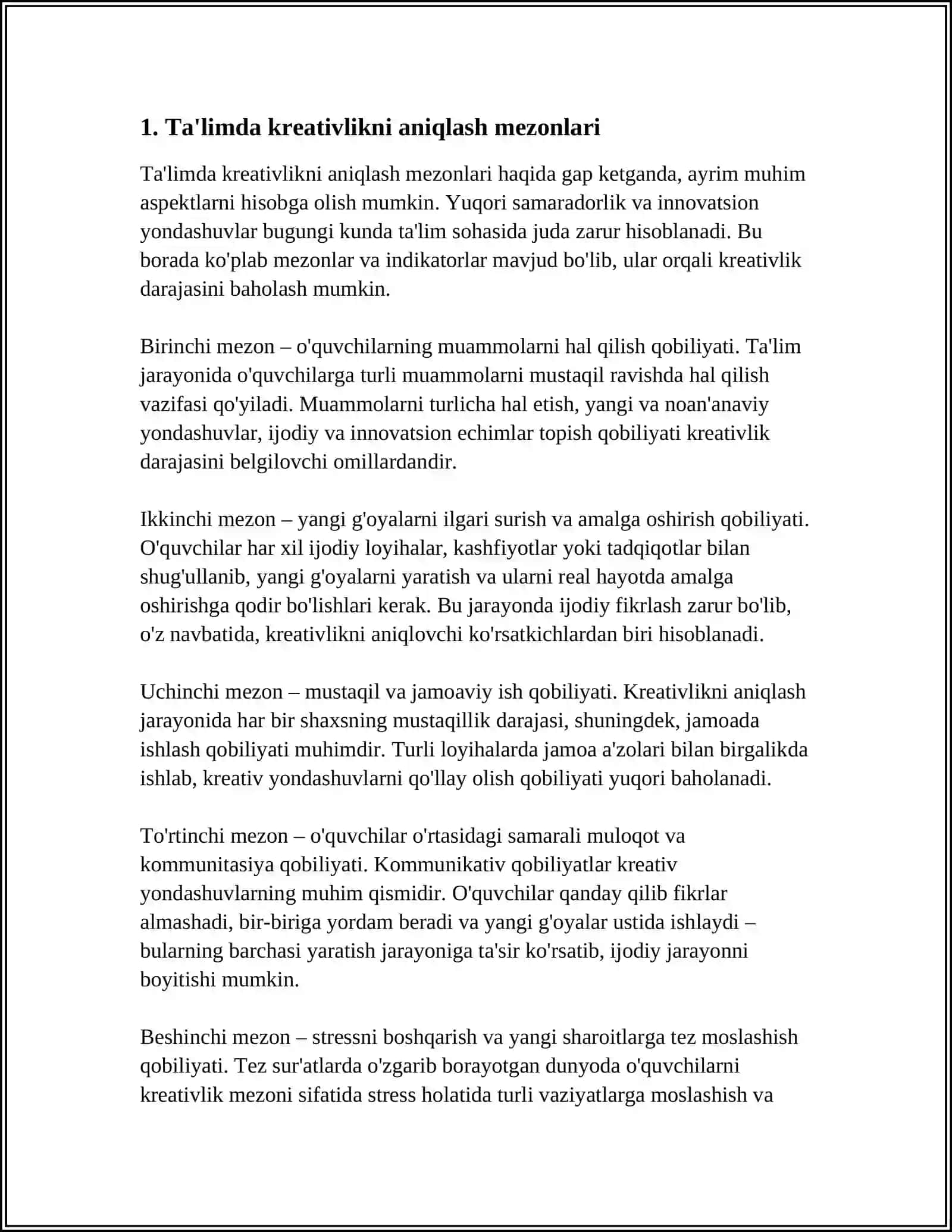 PEDAGOGLAR KREATIVLIK IMKONIYATLARINING DARAJASINI ANIQLOVCHI MEZONLAR 3