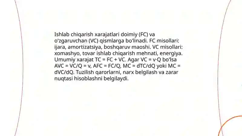 Ishlab chiqarish xarajatlarini minimallashtrish shartlari va korxonaning zararsiz ishlash nuqtasini xisoblash yŏllari 3