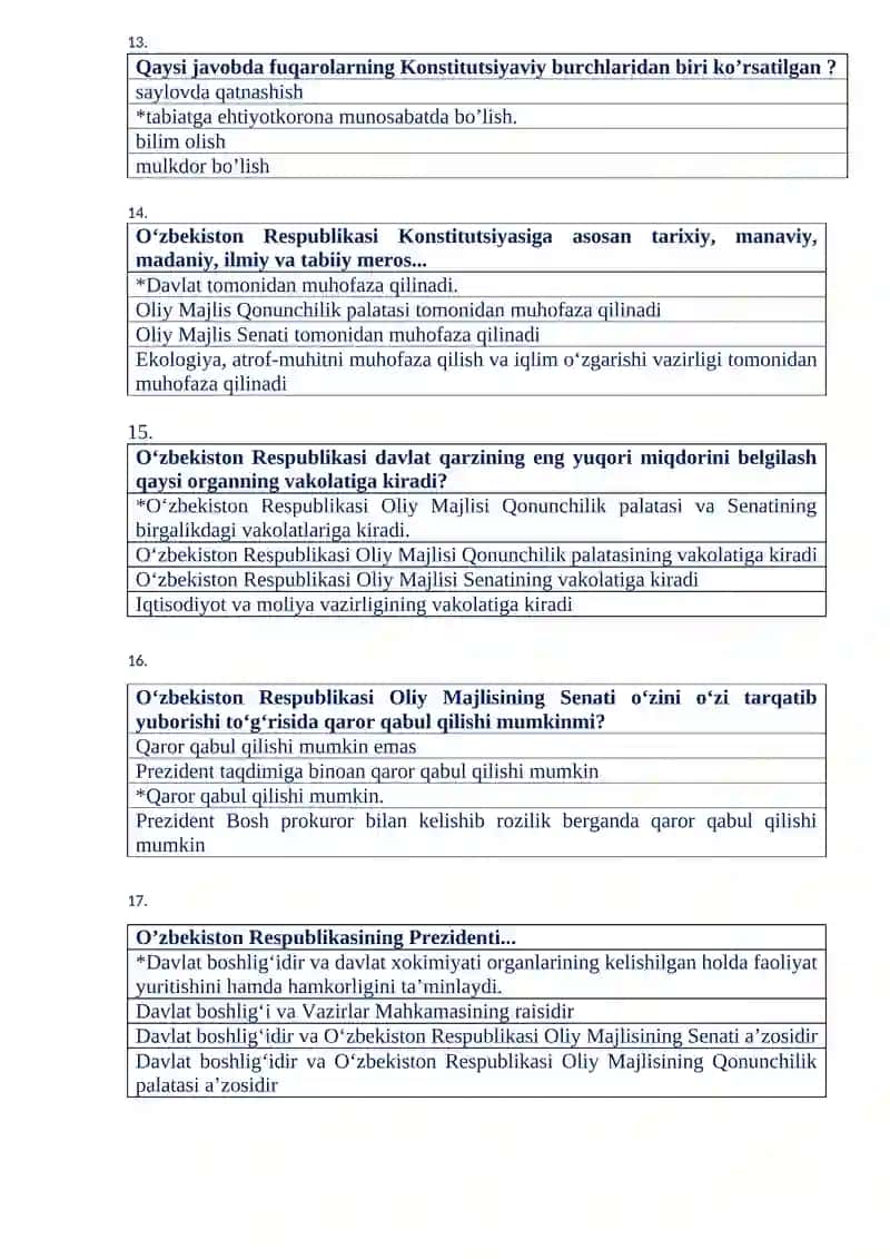 O‘zbekiston Respublikasining yangi tahrirdagi Konstitutsiyasini o‘rganish bo‘yicha tayyorlangan test savollari 3