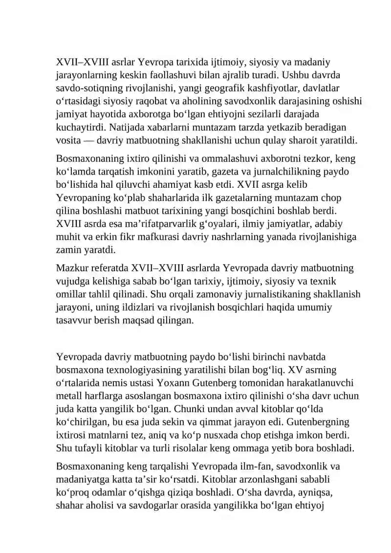 XVII–XVIII asrlarda Yevropada davriy matbuot paydo bo‘lishining shart-sharoitlari 3